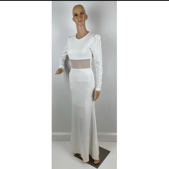 Long Sleeve Mesh  Cutout Women’s White Maxi Dress - Picture 7 of 8